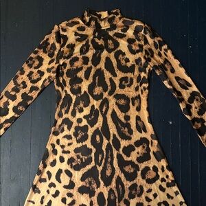 Leopard print fitted X-line midi long-sleeved dress with stand collar
